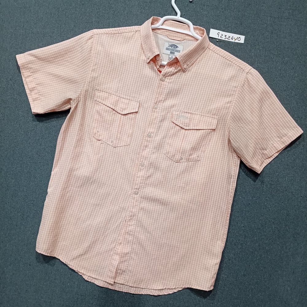 AFTCO AFTECH Mens Short Sleeve Fishing Shirt Orange Plaid Button Down Medium